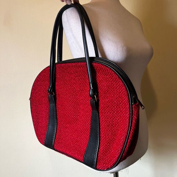 Vintage 70s Red Tweed Structured Mod Handbag Black Vinyl Trim Brass‎ Zipper - Picture 8 of 9